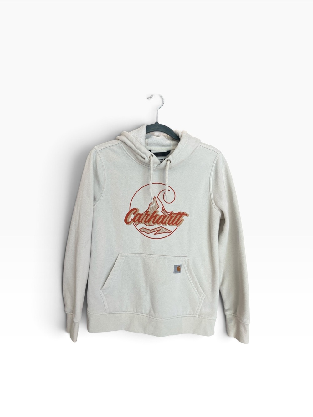 Carhartt Cream Hoodie with Rust Mountain Script Logo